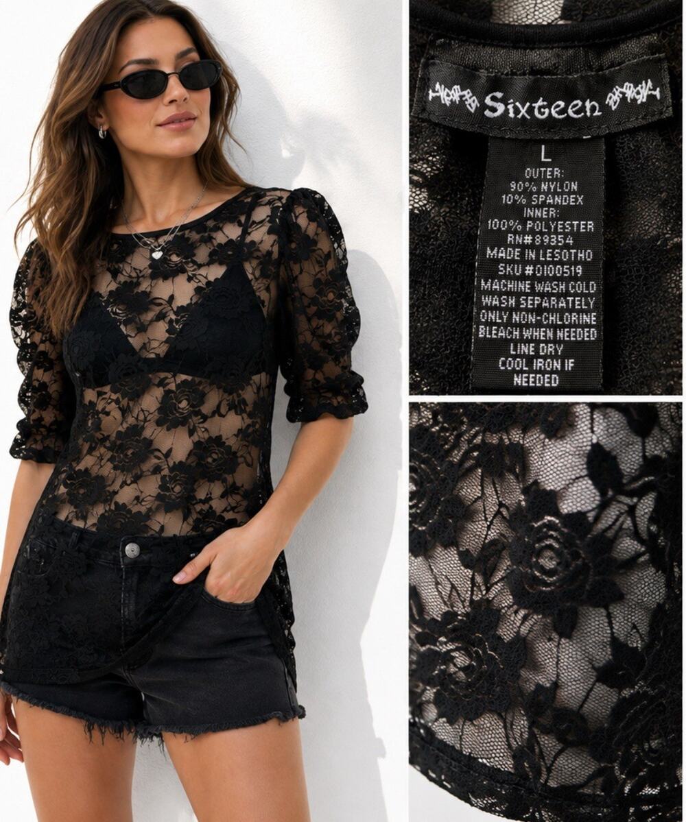 Romantic Goth Sixteen Women's Sheer Lace Puff Sleeve Top Size L Black Floral